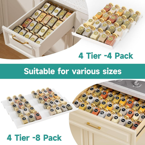White Spice Drawer Organizer, 4 Tier - 8 Pack Seasoning Organizer for Drawer, Expandable from 13" to 26" Kitchen Drawer Spice Rack (Jars Not Included)3