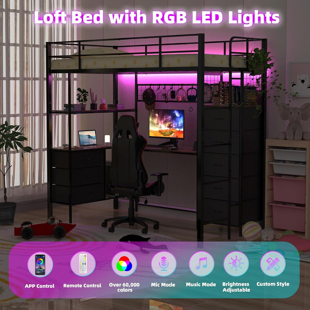 twin-size-loft-bed-with-l-shaped-desk-rgb-led-lights-power-outlet-metal-loft-bed-frame-with-8-fabric-drawers-open-shelves-hanging-hooks-gaming-for-teens-kids-bedroom-black