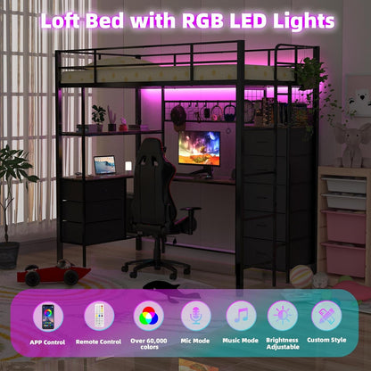 Twin Size Loft Bed with L Shaped Desk, RGB LED Lights & Power Outlet, Metal Loft Bed Frame with 8 Fabric Drawers, Open Shelves & Hanging Hooks, Gaming for Teens Kids Bedroom, Black4