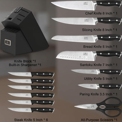 15‑Pcs Knife Block Set, High Carbon Steel, Black Pro | Built‑In Sharpener, Dishwasher‑Safe Knives, Full‑Tang Triple‑Rivet, Varnished Hardwood Block for Improved Moisture Resistance2