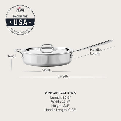 All-Clad D3 Stainless Steel 3 Qt Sauté Pan with Lid, Made in the USA | the Original Bonded Professional Cookware, All- Purpose Sauté Pan, Induction Compatible, Oven Safe up to 600F2