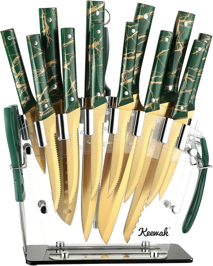 Knife Set, 16 Piece Kitchen Knives Set with Acrylic Stand, Gold1