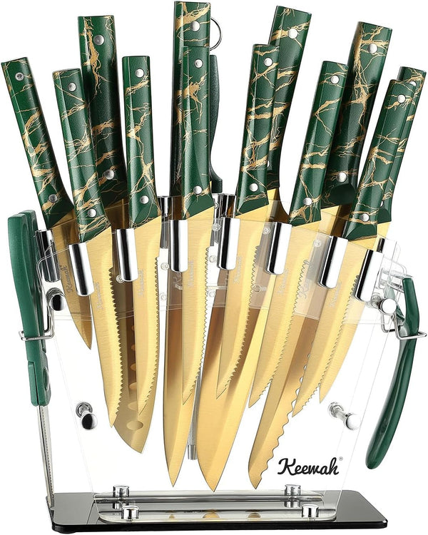 Knife Set, 16 Piece Kitchen Knives Set with Acrylic Stand, Gold1