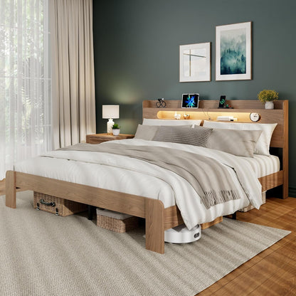 King Size Wood Bed Frame with 2-Tier Shelf Headboard, Walnut1