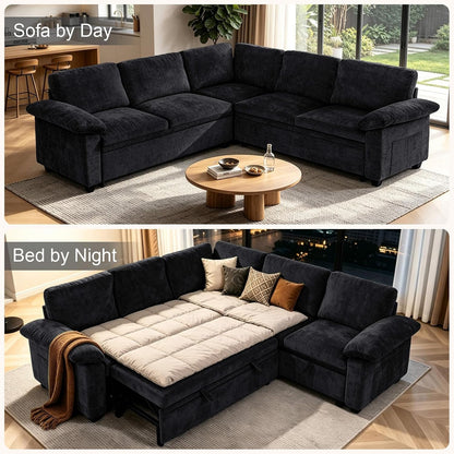 85 Inch Modular Sectional Sleeper Sofa with Pull Out Bed,L Shaped 5 Seat Sectional Couch with Storage, Modern Chenille Cloud Couch, Convertible Sectional Couches for Living Room, Apartment, Black4