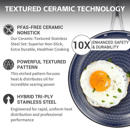 Hybrid Stainless Steel Cookware Set, 17-Piece Tri-Ply Pots and Pans Set Non Stick, Induction Kitchen Cookware Sets, Dishwasher & Oven Safe, PFOA Free, All Cooktops Compatible, Navy Blue2