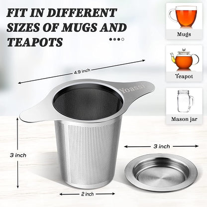 Extra Fine 18/8 Stainless Steel Tea Infuser Mesh Strainer with Large Capacity & Perfect Size Double Handles for Hanging on Teapots, Mugs, Cups to Steep Loose Leaf Tea and Coffee5