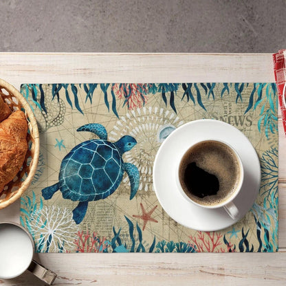 Nautical Placemats Set of 4, Ocean Coast Beach Theme Washable Non-Slip Heat Resistant Place Mats, Sea Turtle Seahorse Summer Linen Decoration Dinner Mat for Kitchen Dinner Party Decor3