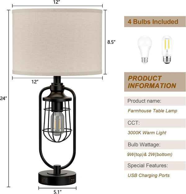 24" Farmhouse Table Lamps for Living Room Set of 2, Black Rustic Lamps for Night Stands with USB Ports, Industrial Bedside Lamp for Bedroom End Tables, Bulbs Included6
