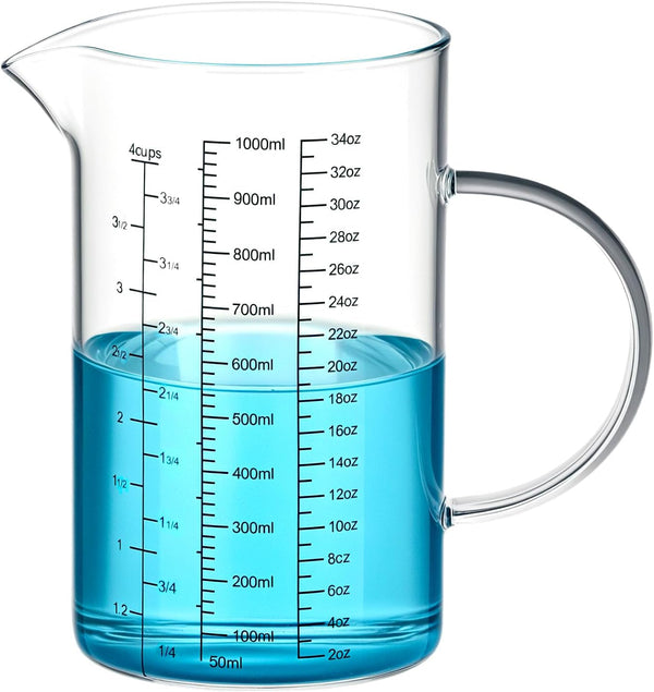 34OZ/1000ML Glass Measuring Cup (Ml/Oz/Cup), 4 Cups Multi-Purpose Kitchen Tool with V-Shaped Spout & Handle1