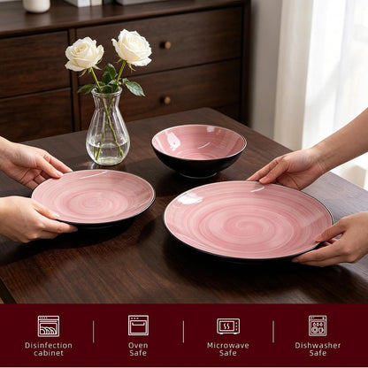 Stoneware Dinnerware Set, Sonoma 12 Piece Service for 4, Black & Speckled Pink Spinwash Plates and Bowls, Microwave & Dishwasher Safe, Pink3