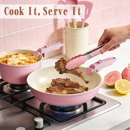Pots and Pans Set Non Stick, 21 Pcs Nonstick Ceramic Cookware Set, RV Kitchen Cooking Set with Detachable Handles, Oven Safe, Induction Cookware, Stackable, Pink, PFAS PFOA & PTFE Free7