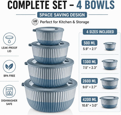 Plastic Mixing Bowls with Lids, 8-Piece Airtight Leak-Proof Nesting Bpa-Free Prep Bowl Set for Kitchen & Food Storage, 500Ml, 1300Ml, 2600Ml & 4200Ml, Microwave & Dishwasher Safe (Gray)6