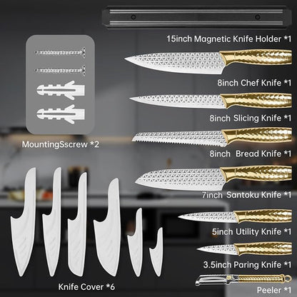 Kitchen Knife Set 14 Pcs with Magnet Holder, Strong Magnetic Knife Strip for Wall, Knives Block Set with Sheath, Chef Knives and Santoku Knives, Stainless Steel Blade, Dishwasher Safe -Gold2