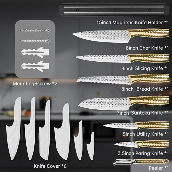 Kitchen Knife Set 14 Pcs with Magnet Holder, Strong Magnetic Knife Strip for Wall, Knives Block Set with Sheath, Chef Knives and Santoku Knives, Stainless Steel Blade, Dishwasher Safe -Gold2