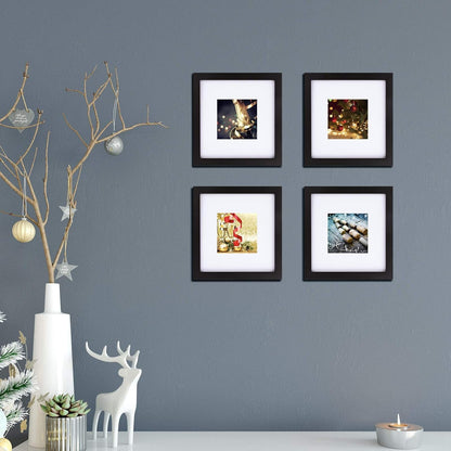 8X8 Picture Frames 4 Pcs,Solid Wood Frame Fits 4X4/6X6 with Mat or 8X8 without Photo Frame Covered by Plexiglass,For Wall Hanging and Tabletop,Wooden Square Picture Frame,Black9
