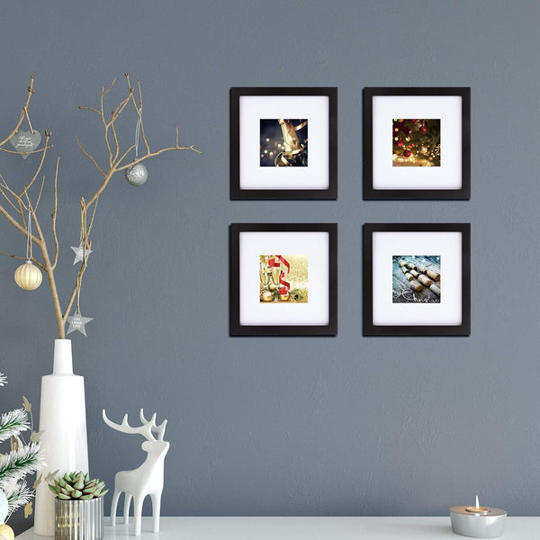 8X8 Picture Frames 4 Pcs,Solid Wood Frame Fits 4X4/6X6 with Mat or 8X8 without Photo Frame Covered by Plexiglass,For Wall Hanging and Tabletop,Wooden Square Picture Frame,Black9