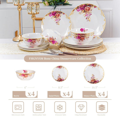 12 Piece Dinnerware Sets for 4, White Porcelain Gold Rim, Formal Dining5