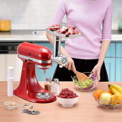 Metal Food Meat Grinder Attachment for Kitchenaid Stand Mixer | Aluminium Grinder Body, Stainless Plates and Blades, Sausage Stuffer Kit, Brush, Hand Wash Only, Machine/Mixer Not Included7