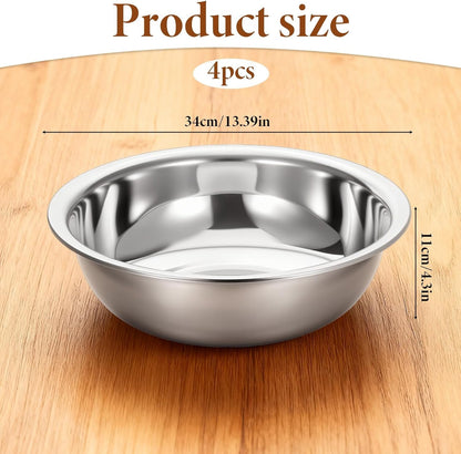 4 Pcs Stainless Steel Mixing Bowl Nesting Metal Prep Salad Bowl Extra Large Basin Salad Basin with Deeper Edge, Mirror Finish for Home Cooking or Commercial, Dishwasher Safe, Silver (13 Inch 8 Qt)2