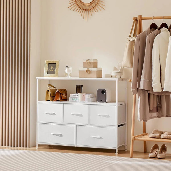 TV Stand Dresser, Media Console, Storage Drawers | 5 Fabric Open Shelf, Compact Entertainment Unit for Bedroom, Living Space, Dorm Organization, White7