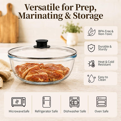 6.3 Qt Extra Large Glass Mixing Bowl with Lid for Sourdough Bread Making & Proofing, Thickened Clear Lead-Free Borosilicate Glass Serving Bowl for Food Prep, Dishwasher, Microwave and Freezer Safe5