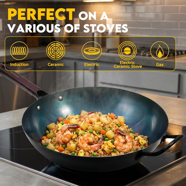 13.5" Blue Carbon Steel Wok, Pre-Seasoned Flat Bottom Wok Pan | Pre-Seasoned, No Chemical Coating, Rust-Resistant Blue Tempering, Fits Gas/Induction/Electric Stoves, Ideal for Stir-Fry7