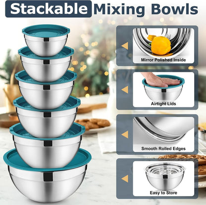 Mixing Bowls with Lids Set of 6, Nesting Salad Bowl, Blue5