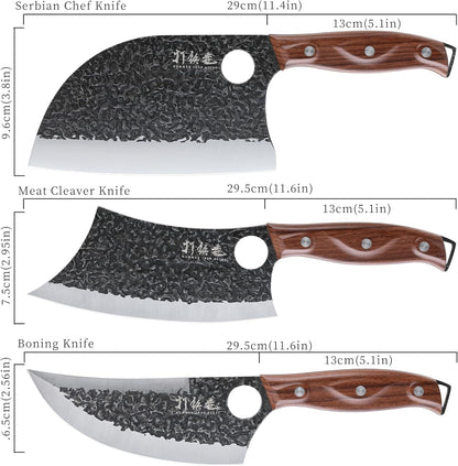 3PCS Butcher Knife Set, 7" Butcher Meat Cleaver, 7" Serbian Chef Knife and 6.5" Viking Knife, Hand Forged Kitchen Knife Set with Plastic Handle, Geat for Home, Camping, BBQ (Unique Finger Hole Design)2