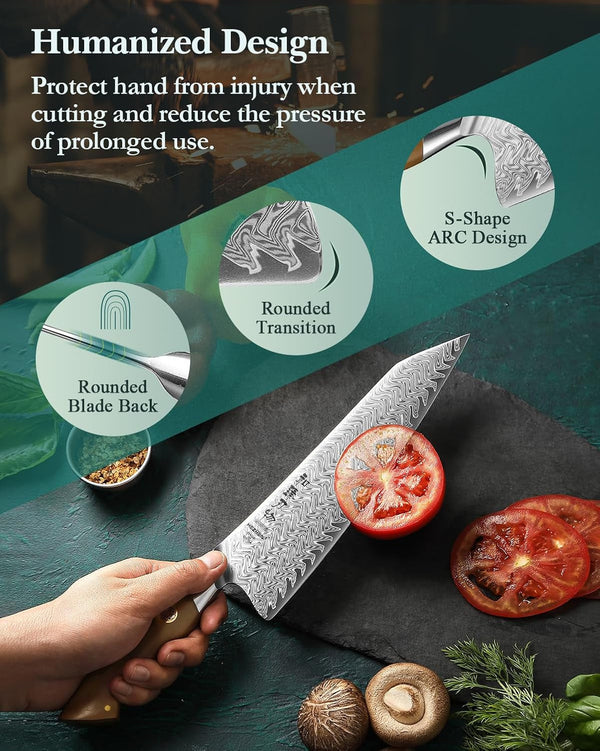 Damascus Chef Knife, 8.5 Inches, 67 Layers Damascus Steel, Professional Japanese Kitchen Knife for Chefs and Home Cooking, Ultra-Sharp Blade with Linen Micarta Handle, Gift Packing5