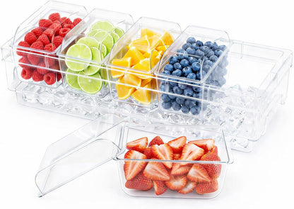 Chilled Condiment Container with Individual Lids & Handle Design | 5 Individual Fridge-Safe Compartments, Ice Condiment Caddy & Garnish Tray for Taco, Mimosa, Dirty Soda Bar, Serving Platter1