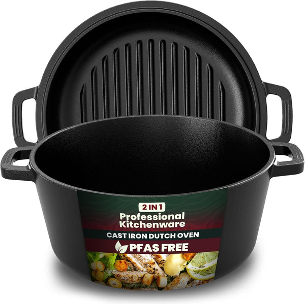 Cast Iron Dutch Oven 5 QT with Skillet Lid Pre-Seasoned Pfas-Free | Dual Purpose Skillet Lid, Griddle Pan Included, Bread Baking, Roasting, Grilling, Camping Use, Heavy Duty1
