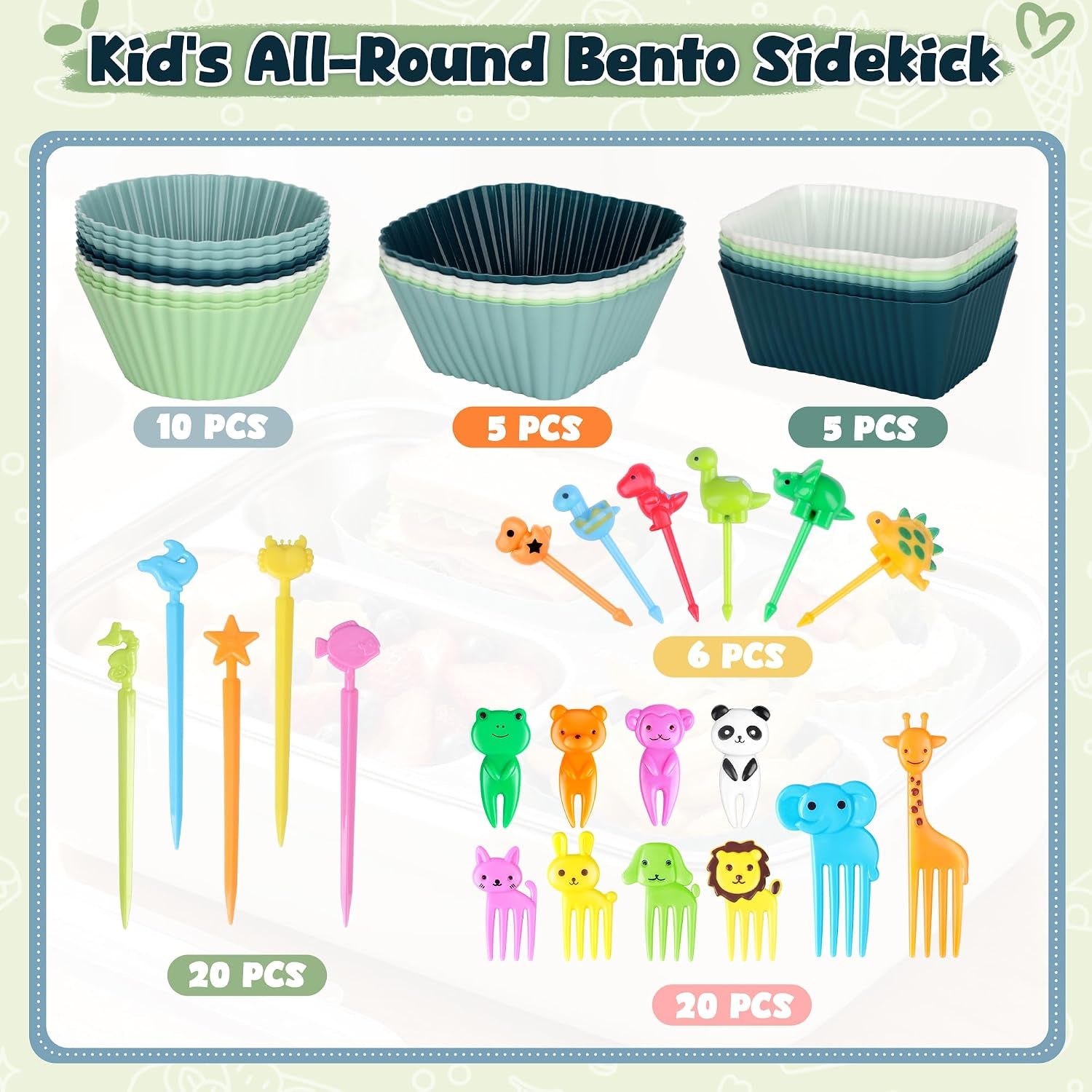 66pcs-silicone-lunch-box-dividers-cute-animal-food-picks-for-kids-20-reusable-silicone-cupcake-liners-muffin-baking-cups-46-fruit-toothpicks-school-lunchbox-bento-box-accessories-supplies