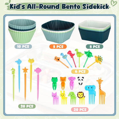 66PCS Silicone Lunch Box Dividers & Cute Animal Food Picks for Kids | 20 Reusable Silicone Cupcake Liners, Muffin Baking Cups, 46 Fruit Toothpicks, School Lunchbox Bento Box Accessories Supplies4