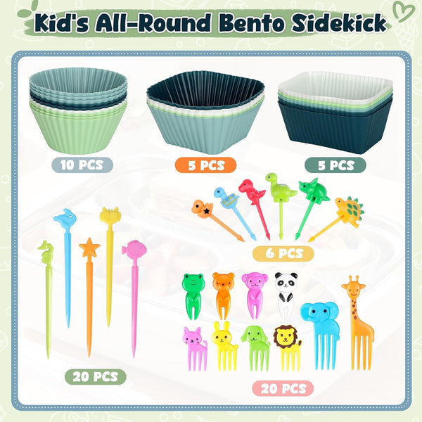 66PCS Silicone Lunch Box Dividers & Cute Animal Food Picks for Kids | 20 Reusable Silicone Cupcake Liners, Muffin Baking Cups, 46 Fruit Toothpicks, School Lunchbox Bento Box Accessories Supplies4