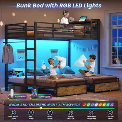 Triple Bunk Bed for Kids with Storage Drawers and Charging Station Twin over Twin Metal Bunk Bed with Storage Shelves and Box,3 Beds with Guardrails and Ladder, No Box Spring Needed, Black4