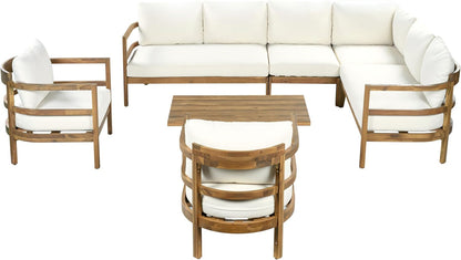 Outdoor Acacia Wood 7 Seater Sectional Sofa Set with Thick Cushions Patio Conversation Set Modular Outdoor Seating with Coffee Table and Club Chairs for Patio Garden Deck4