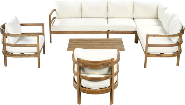 Outdoor Acacia Wood 7 Seater Sectional Sofa Set with Thick Cushions Patio Conversation Set Modular Outdoor Seating with Coffee Table and Club Chairs for Patio Garden Deck4