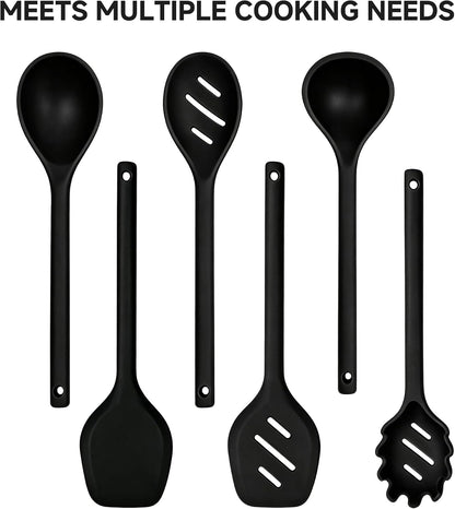 Mejoncb 6 Piece Silicone Cooking Utensils Set, Heat Resistant Spatula Ladle Spoon Set with Stainless Steel Handle, Non-Stick Cookware Kitchen Tools (Black)2