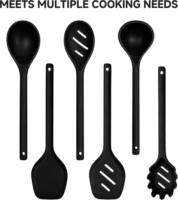 Mejoncb 6 Piece Silicone Cooking Utensils Set, Heat Resistant Spatula Ladle Spoon Set with Stainless Steel Handle, Non-Stick Cookware Kitchen Tools (Black)2