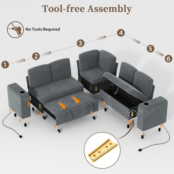 Sectional Sleeper Sofa with Pull Out Couch Bed, 5 Seats Modular L Shaped Cloud Couch with Storage Chaise, Dual Arm Storage & USB Charging, Adjustable Backrest Sofa, Grey Corduroy6