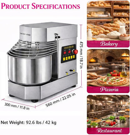 Commercial Spiral Dough Mixer, 10.5Qt 750W Electric | Dual Rotating Dough Kneading Machine, Timer & Safety Shield, Stainless Steel Bowl for Bakery Pizzeria6