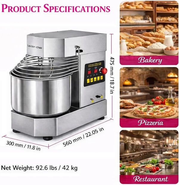 Commercial Spiral Dough Mixer, 10.5Qt 750W Electric | Dual Rotating Dough Kneading Machine, Timer & Safety Shield, Stainless Steel Bowl for Bakery Pizzeria6