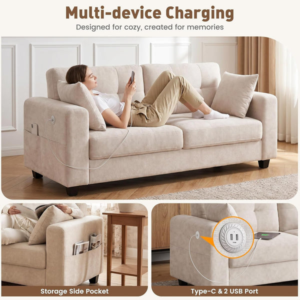 70" Loveseat Sofa with Type-C/2 USB Charger Ports, Chenille Upholstered Couch with Storage Pockets, Spring Cushion, Removable Cover, Modern Love Seat for Living Room, Bedroom, Office, Small Spaces6