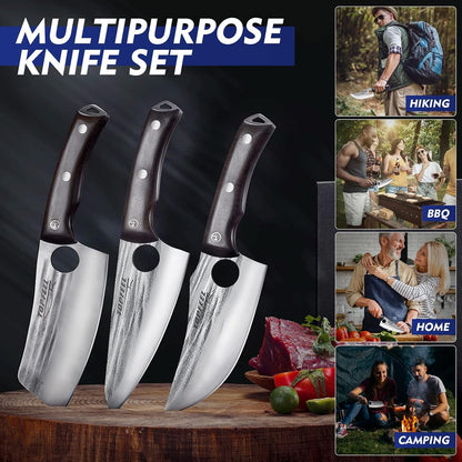 3-Piece 6-Inch Hand-Forged Butcher Knife Set, High Carbon Steel | 6-Inch Chef, Boning and Nakiri Knives with Finger Holes, Red Sandalwood Handles and Gift-Ready Box for Home, Camping and BBQ3