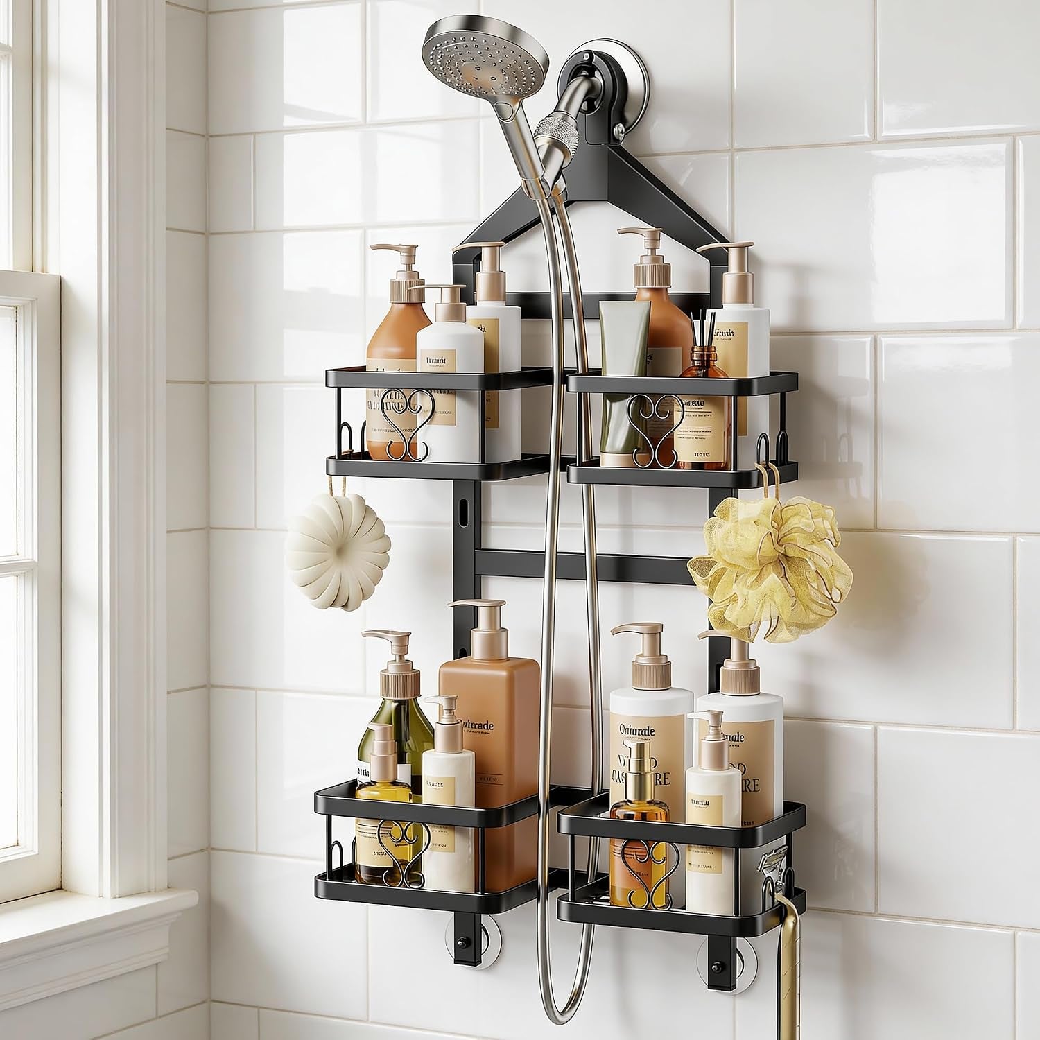 adjustable-hanging-shower-caddy-for-handheld-shower-heads-rustproof-bathroom-shelf-organizer-over-showerhead-storage-rack-with-8-hooks-easy-clean-removable-baskets-triple-anti-slip-fixing