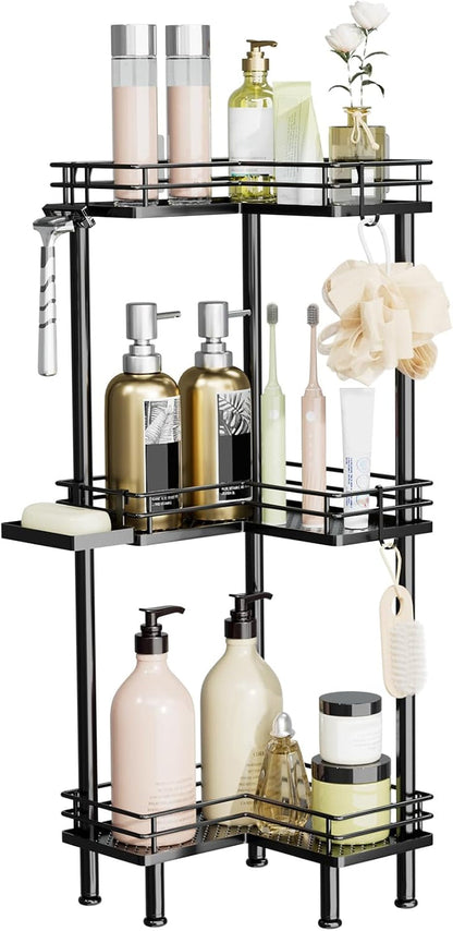 Corner Shower Caddy Standing - 3-Tier Stainless Steel Shower Organizer with Soap Holder and 4 Hooks, Large Capacity Corner Shelf Stand for Bathroom, Rest Room, Black8