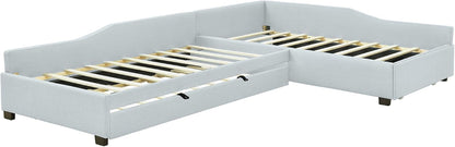 L Shaped Twin Corner Bed for 2 Kids, Upholstered Double Twin Platform Bedframe with Trundle and Drawer, Bluish5