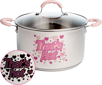 Stainless Steel Stock Pot with Iconic Color Changing "That'S Hot" Heat Indicator Decal, Features Soft Grip Handles and Measure Marks, 8-Quart, Pink1