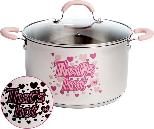 Stainless Steel Stock Pot with Iconic Color Changing "That'S Hot" Heat Indicator Decal, Features Soft Grip Handles and Measure Marks, 8-Quart, Pink1